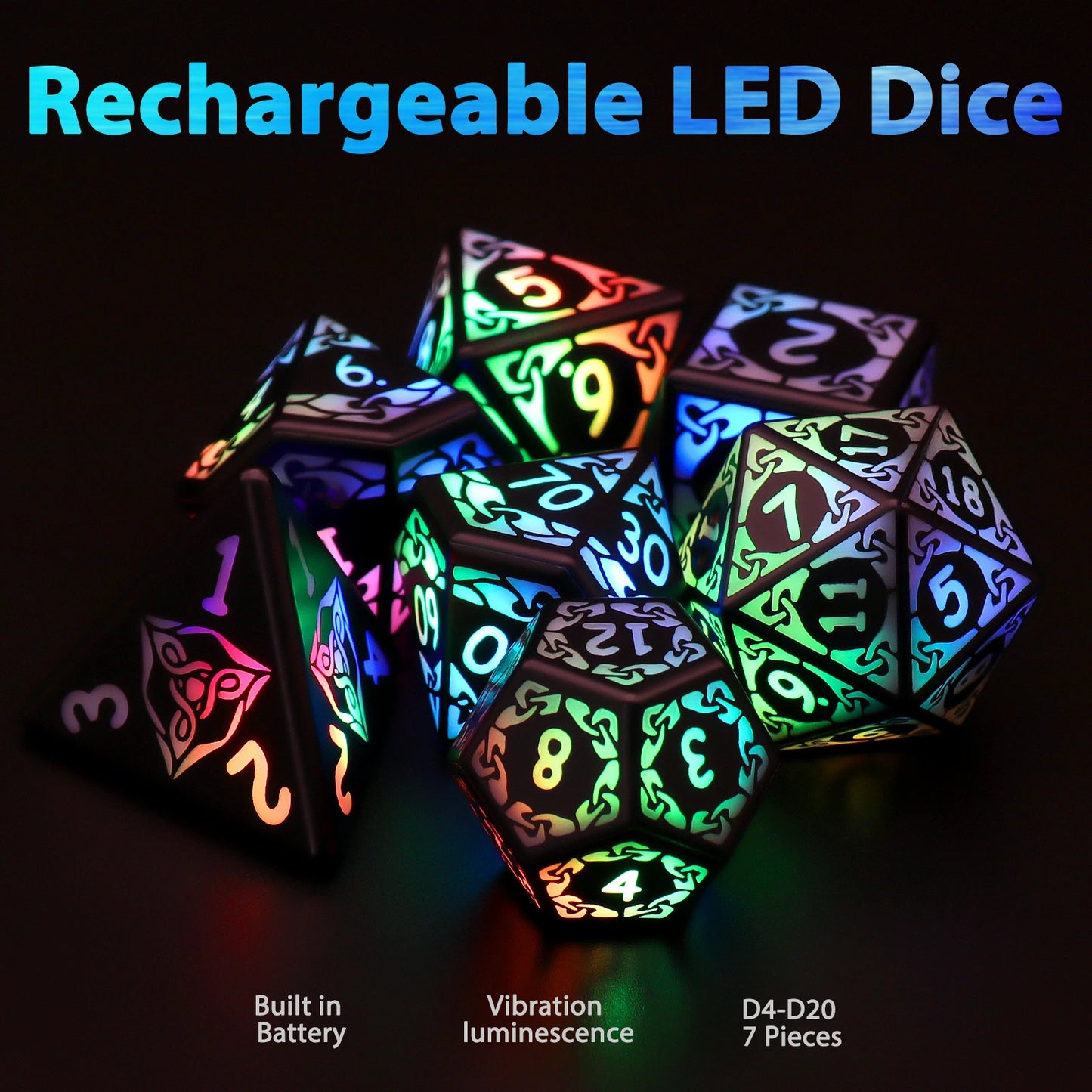 DND Dice Rechargeable with Charging Box, 7 PCS LED Electronic Dices for Tabletop Games D&D Dice 3-Color Glow