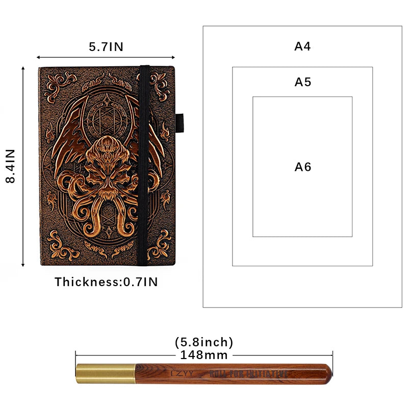 DND Campaign Journal with 3D Cthulhu Embossed Leather Cover - 200 Blank Pages A5 Notebook Great RPG Notepad for GM & Player